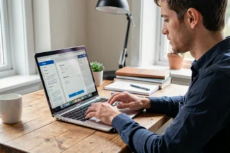 Entrepreneur remplissant sa déclaration d'activité sur un ordinateur portable