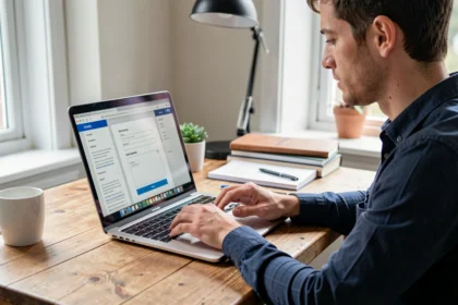 Entrepreneur remplissant sa déclaration d'activité sur un ordinateur portable