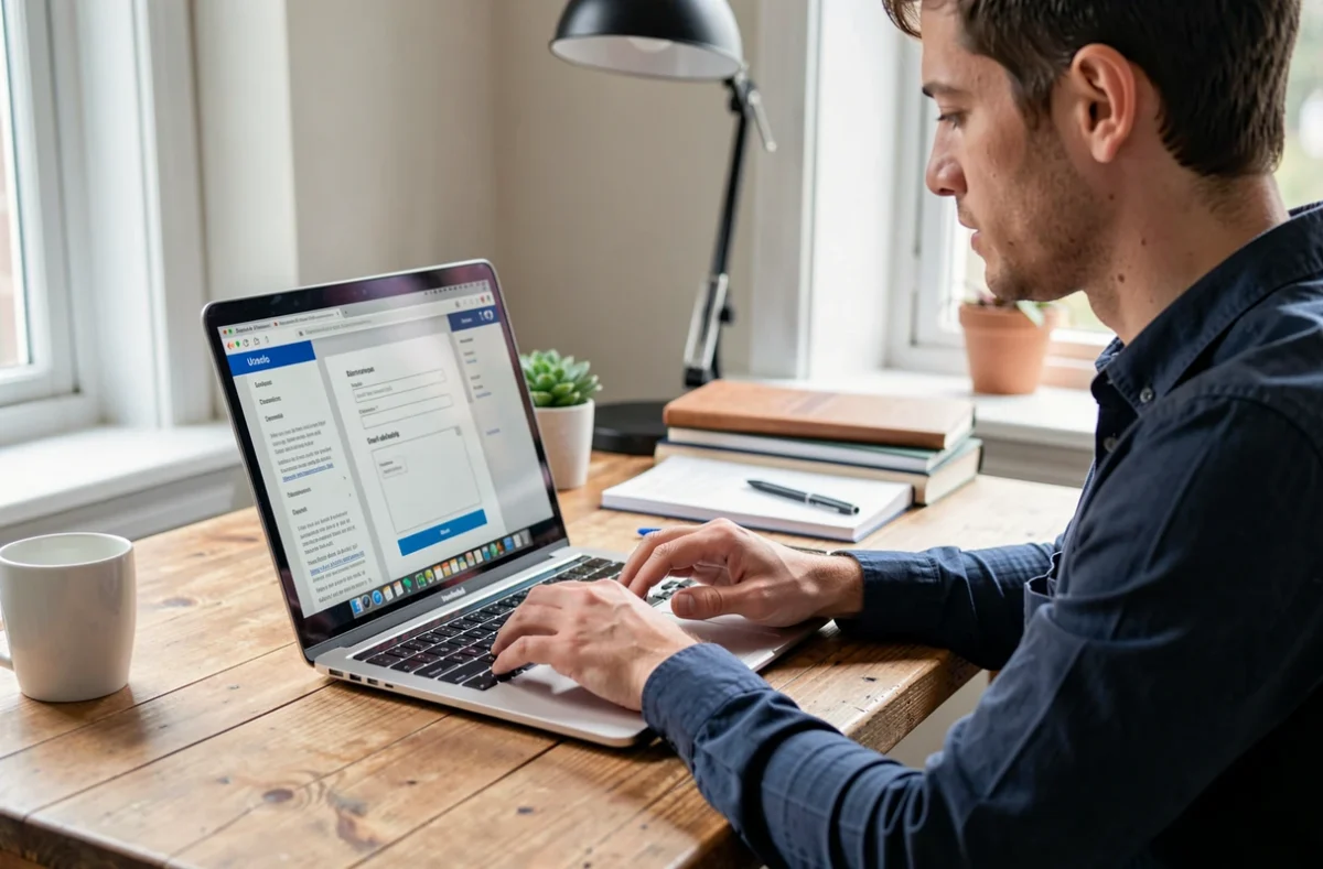 Entrepreneur remplissant sa déclaration d'activité sur un ordinateur portable