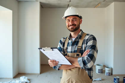 Hommes entrepreneur en r&eacute;novation int&eacute;rieure avec carnet de devis