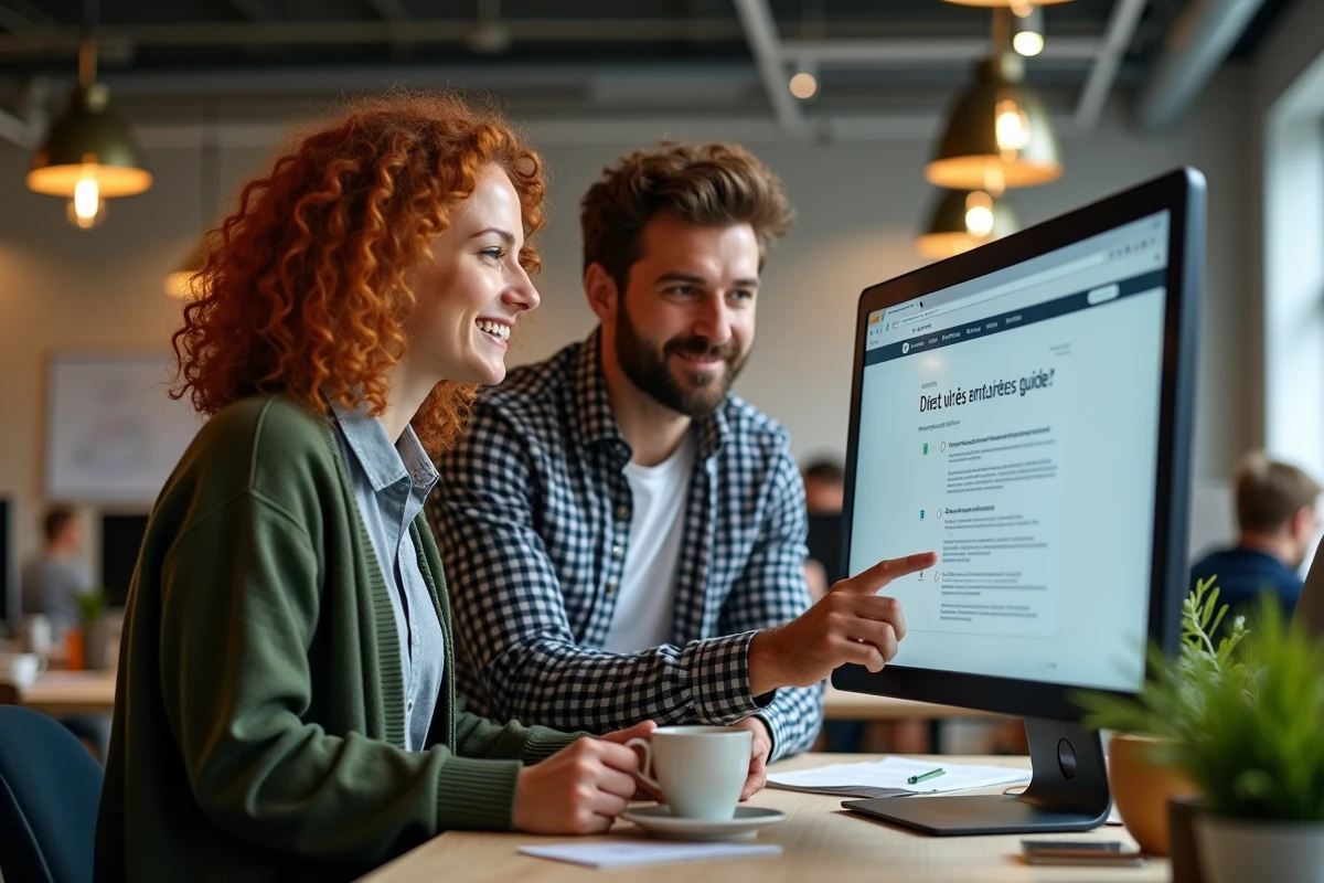 Deux entrepreneurs en co-working consultant ensemble un guide business en ligne pour identifier et éviter les erreurs fréquentes des débutants