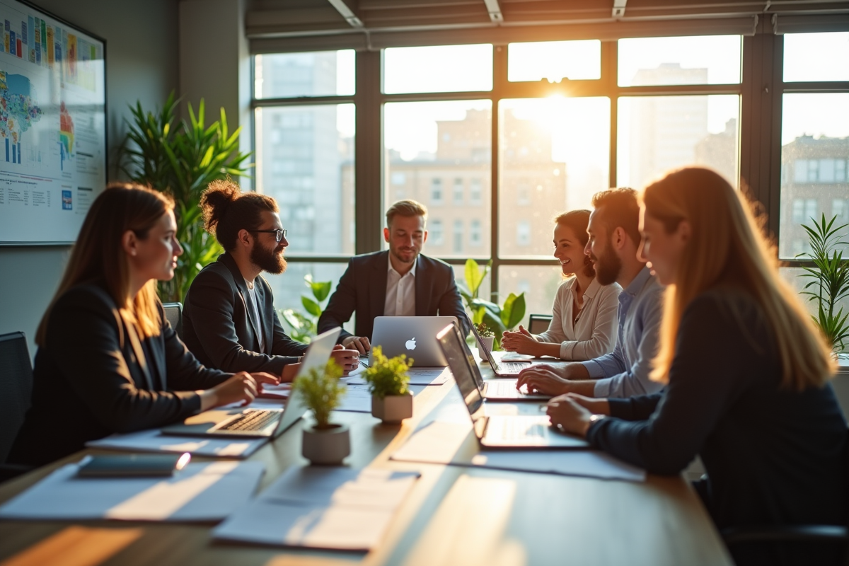 Groupe de professionnels en réunion dans un bureau moderne
