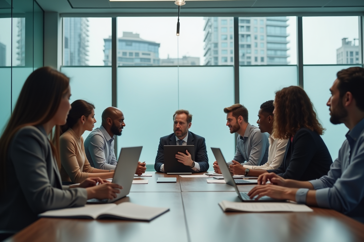 Equipe d'affaires diverse collaborant autour d'une table moderne