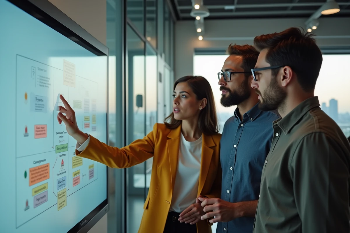 Équipe d'agence digitale en réunion autour d'un écran montrant un outil de gestion de projet spécialisé