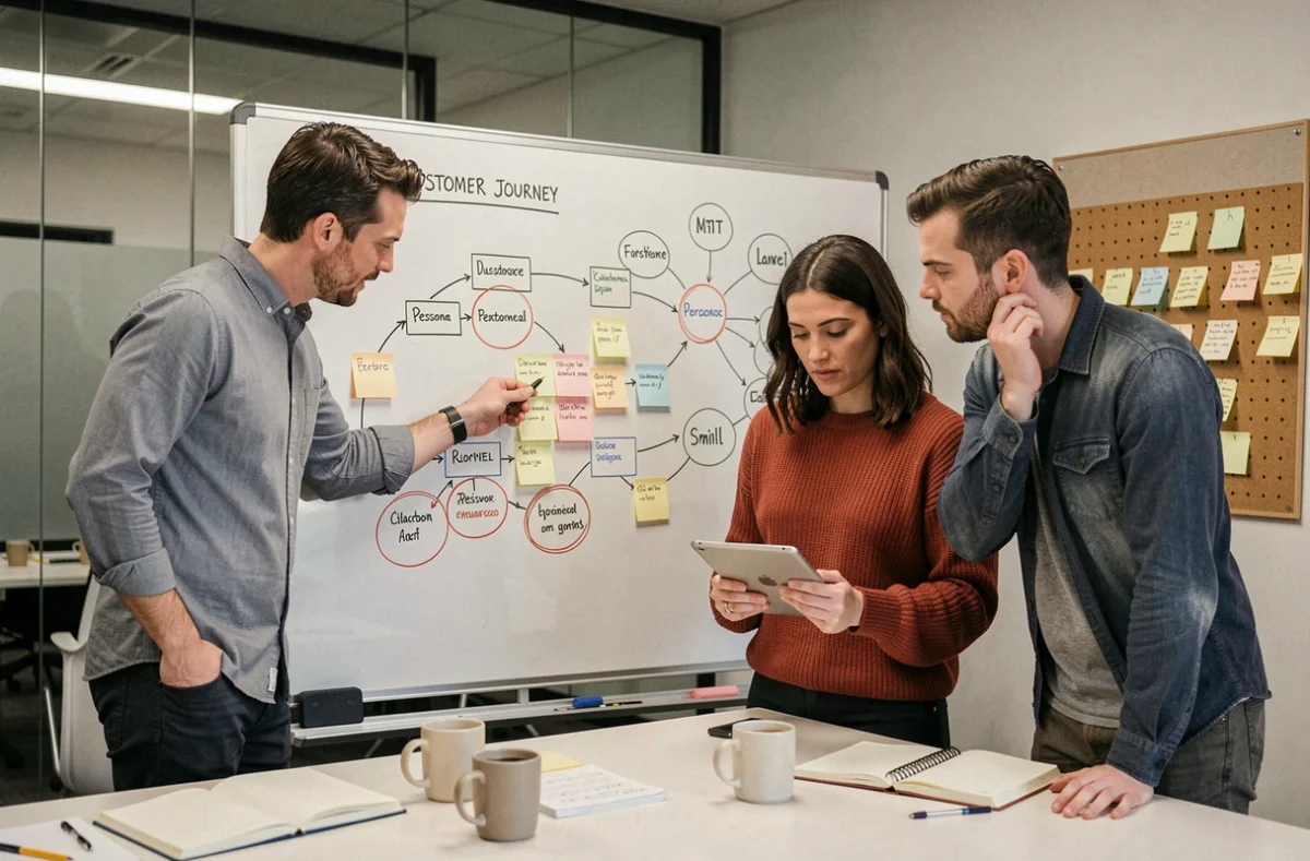 Équipe marketing collaborant autour d'un tableau blanc pour construire un modèle ICP basé sur les données clients existantes