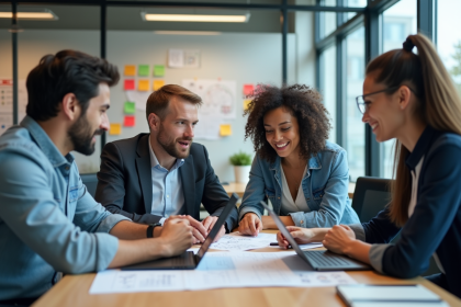Groupe de quatre ingénieurs logiciels en réunion de travail