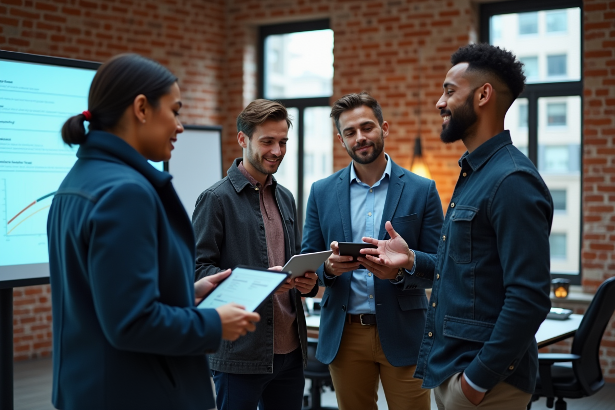 Équipe mixte en discussion dans un espace de travail ouvert