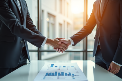 Professionnel en costume partageant un rapport financier dans un bureau lumineux