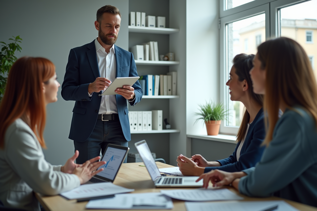 Equipe diverse discutant d un rapport financier dans une salle moderne