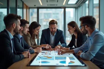 Groupe de professionnels discutant autour d'une tablette pour l'innovation