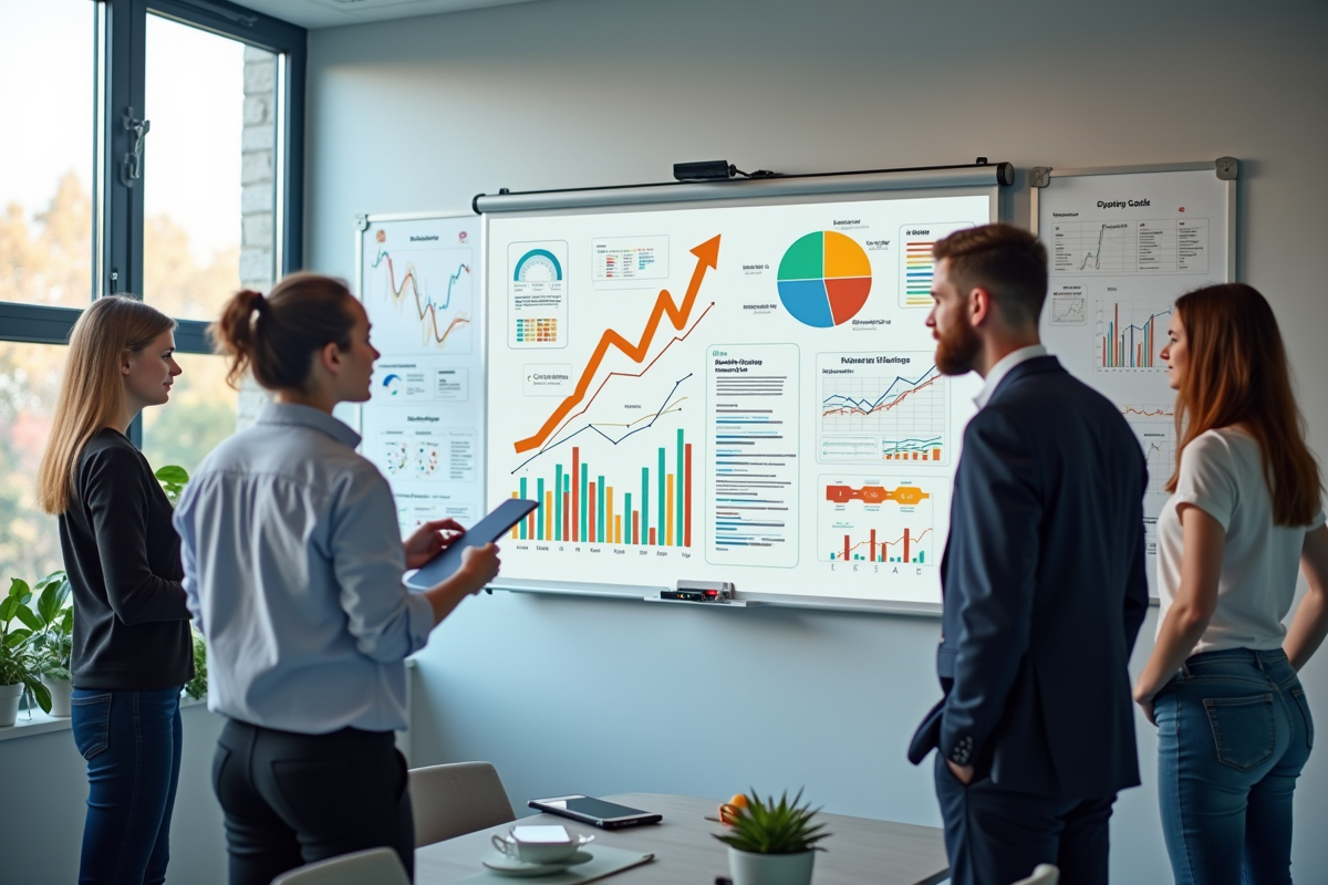Equipe marketing collaborant autour de diagrammes SEO colorés