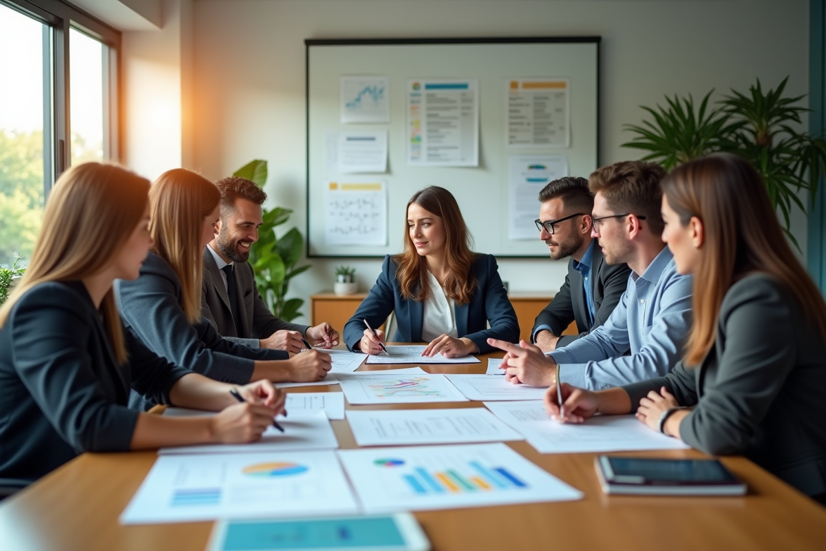 Équipe de professionnels dans un bureau moderne en réunion