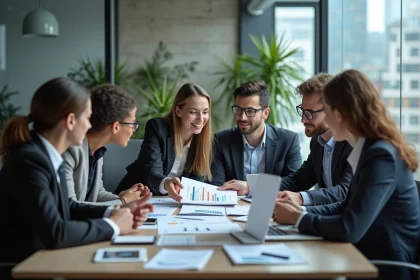 Groupe de professionnels en r&eacute;union dans un bureau moderne