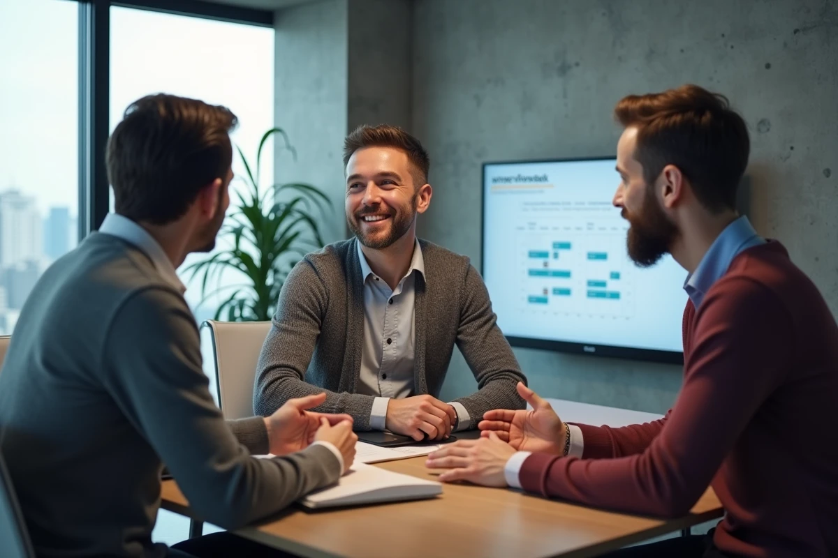 Groupe de professionnels collaborant autour d un calendrier digital en réunion