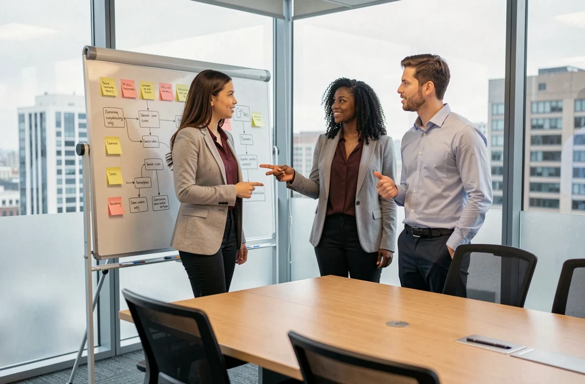 Équipe RH en réunion autour d'un tableau blanc pour structurer les processus de gestion des ressources humaines