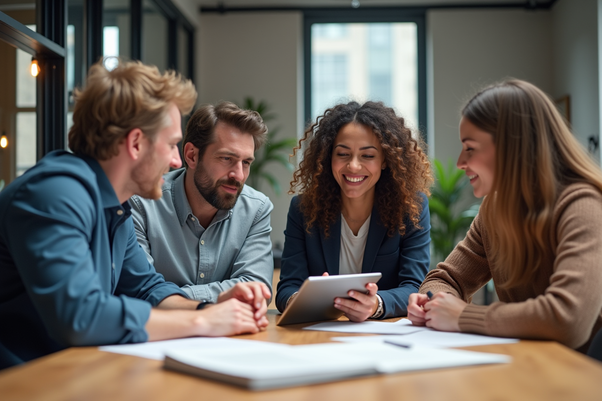 Groupe diversifié en réunion dans un espace de travail lumineux
