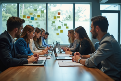 Deux équipes de travail dans un bureau moderne brainstorming