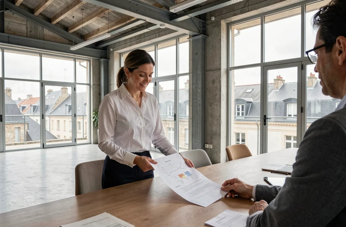 Femme présentant un projet dans l'espace de coworking de Pontoise avec vue sur les toits historiques