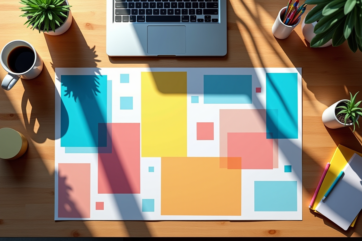 Espace de travail créatif avec flyers colorés et ordinateur