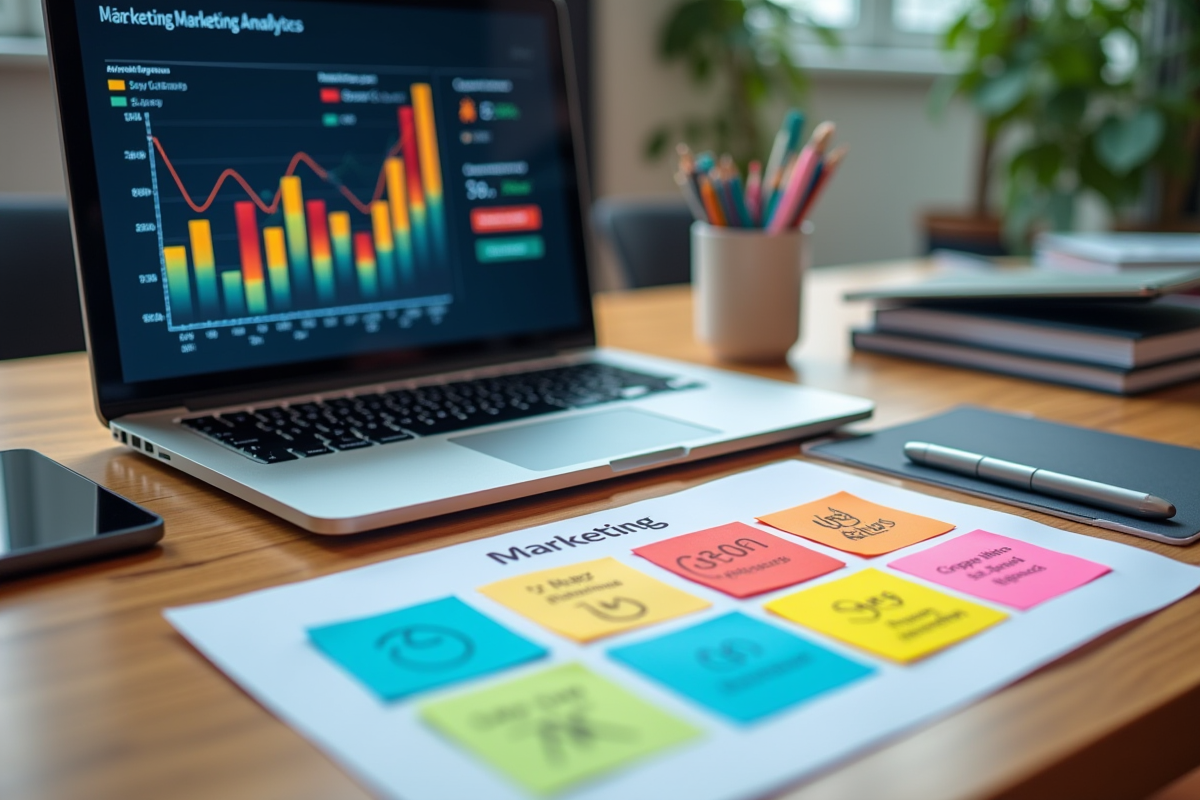 Espace de travail moderne avec ordinateur affichant des analyses marketing