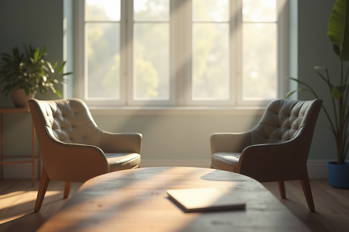 Espace de travail avec chaises vides et note d