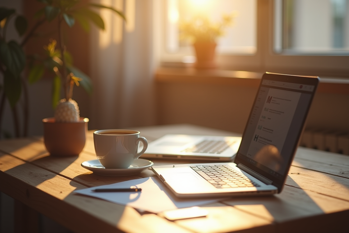 Espace de travail à domicile avec ordinateur et tasse de café