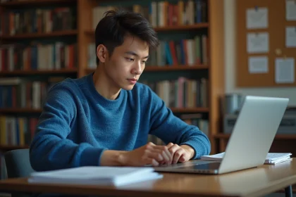 &Eacute;tudiant universitaire concentr&eacute; sur son ordinateur portable en biblioth&egrave;que