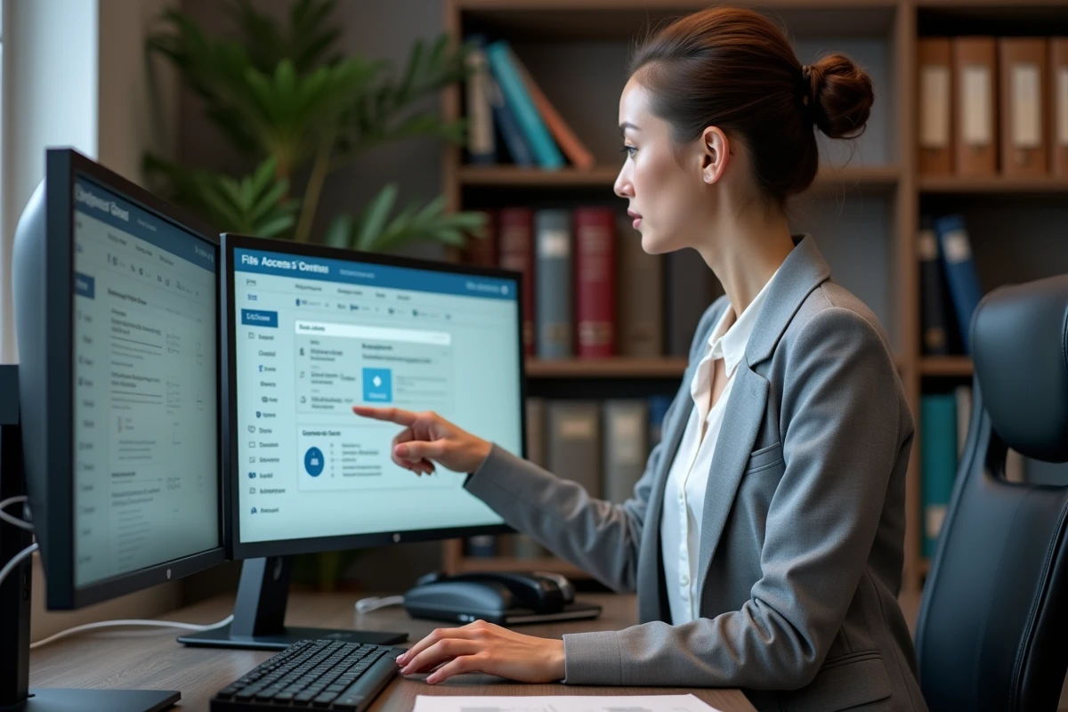 Experte-comptable gérant les contrôles d'accès et la sécurisation des fichiers sur un poste de travail double écran