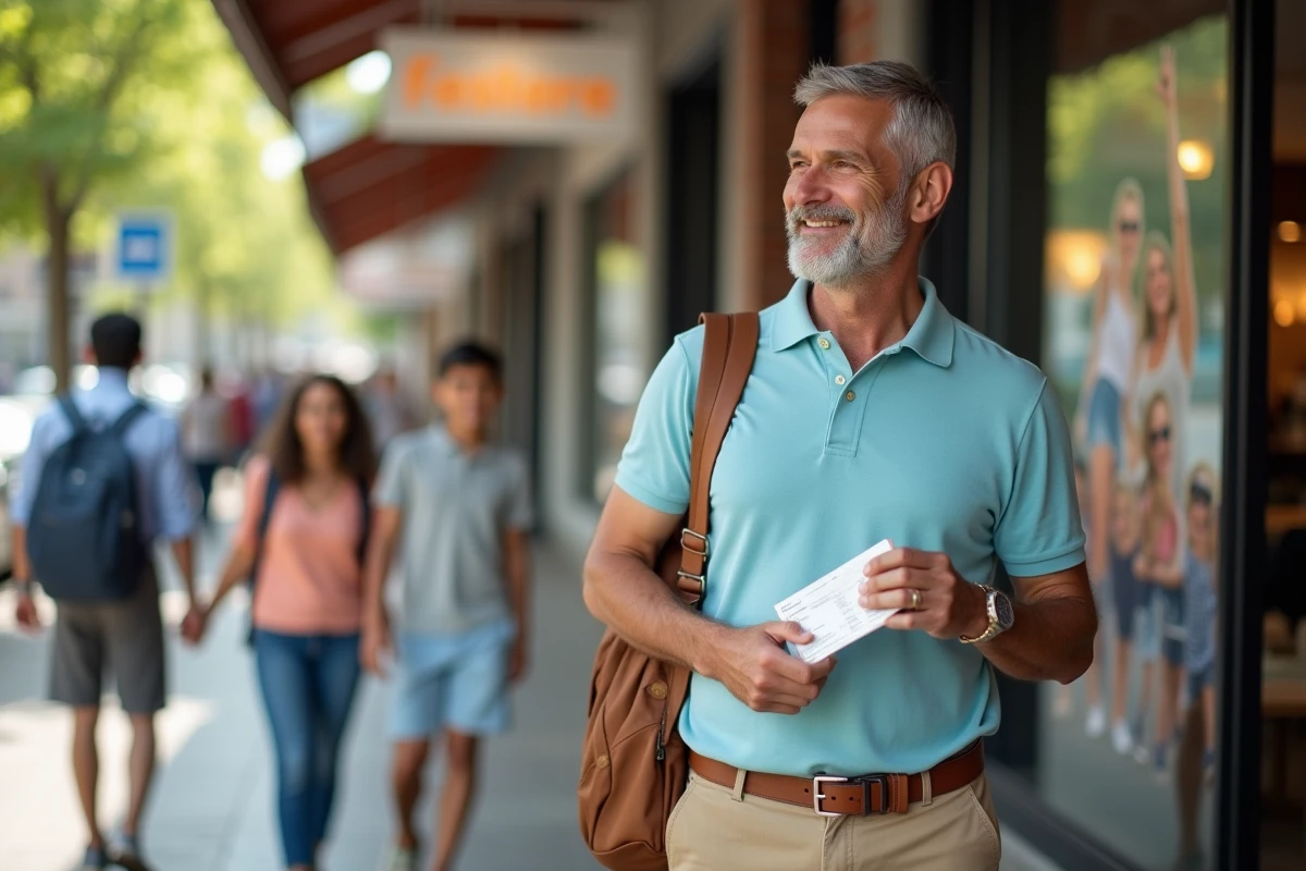 Famille heureuse devant une agence de voyage avec un bon de voyage