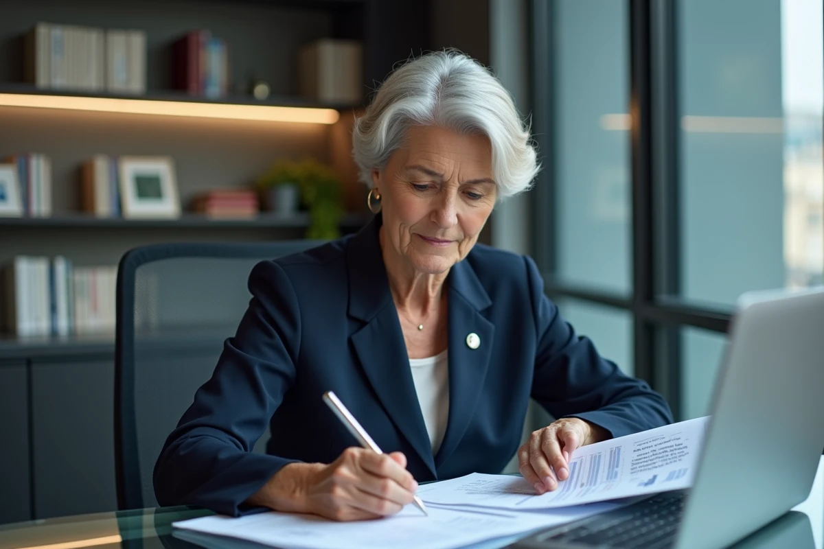Femme d'affaires en costume analysant des documents dans un bureau moderne
