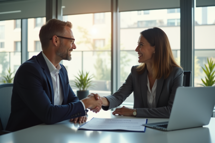 Femme d'affaires et avocat se serrant la main dans un bureau moderne