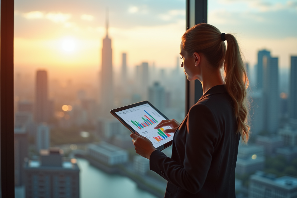 Femme d'affaires analysant des graphiques économiques modernes