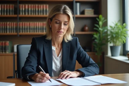 Femme d'affaires lisant des documents dans un bureau moderne
