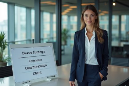 Femme d'affaires en costume bleu avec tableau stratégie marketing