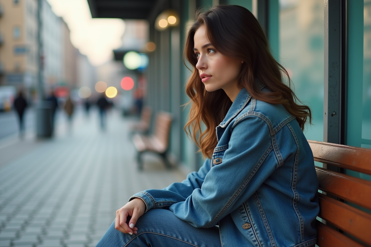 Jeune femme assise sur un banc de tramway en ville contemplant