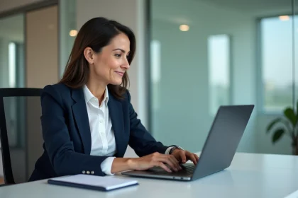 Femme professionnelle en bureau moderne avec ordinateur et confiance