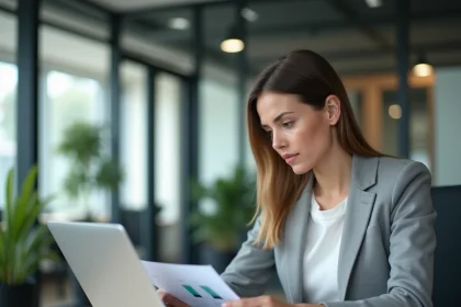 Femme professionnelle consultant son compte MyPeopleDoc sur un ordinateur portable sécurisé au bureau