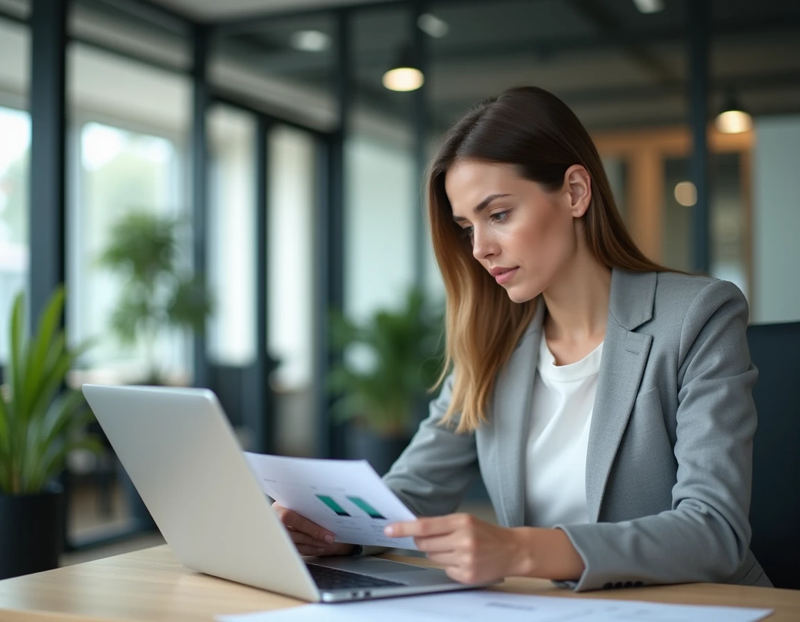 Femme professionnelle consultant son compte MyPeopleDoc sur un ordinateur portable sécurisé au bureau