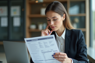 Femme au bureau examinant un document de données personnelles