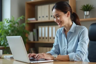 Jeune femme au bureau regardant une facture digitale