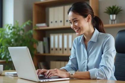 Jeune femme au bureau regardant une facture digitale
