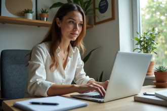 Jeune femme au bureau avec ordinateur et plantes