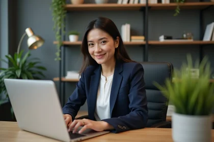 Femme professionnelle au bureau travaillant sur son ordinateur