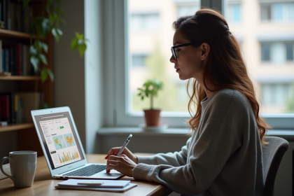 Jeune femme écrivant notes avec ordinateur SEO