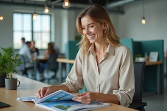 Femme souriante dans un bureau moderne feuilletant des brochures de voyage