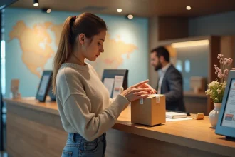 Femme examinant un colis dans un point relais moderne