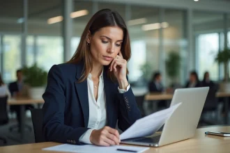 Une femme professionnelle consulte ses documents RH sur un ordinateur portable lors d'un changement d'employeur