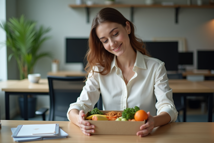 Jeune femme au bureau d&eacute;ballant un repas sain