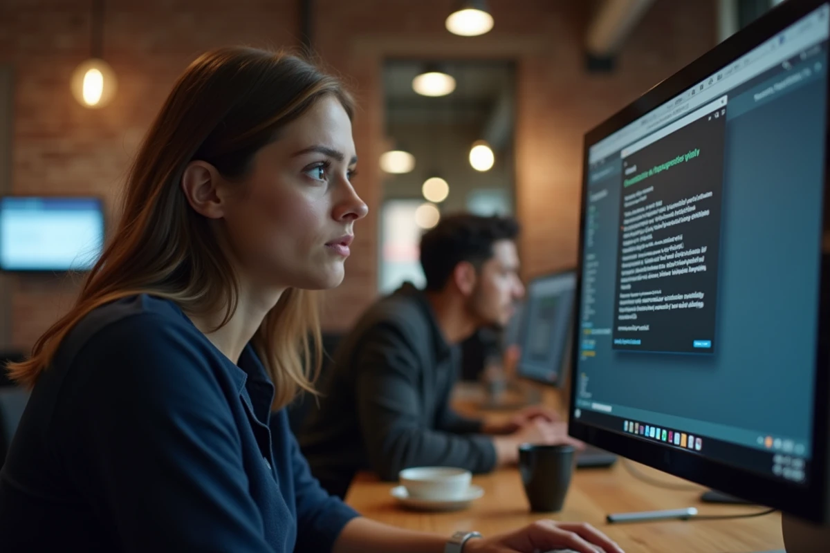 Femme concentrée devant un écran Linux avec une boîte de dialogue de dépannage dans un espace de coworking, problème de connexion réseau