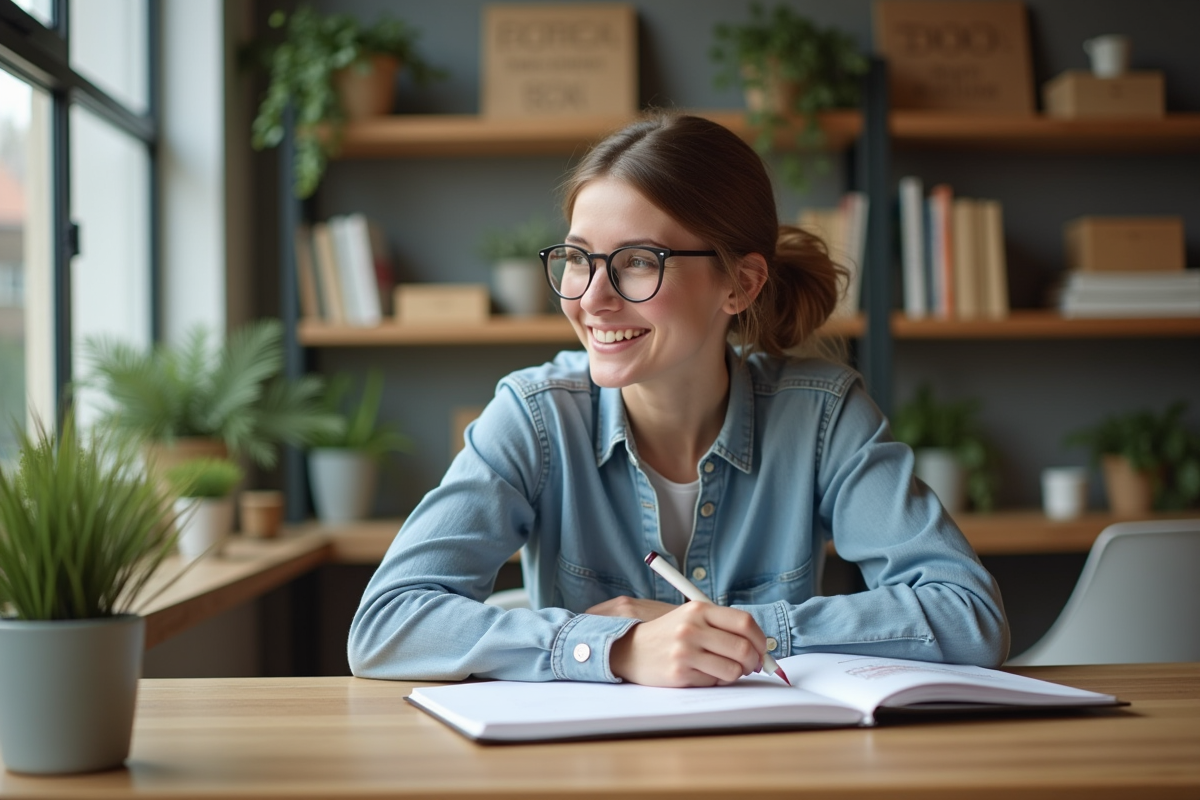 Femme esquissant un logo dans un espace de coworking lumineux